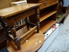 A mid-century loom ottoman, a reproduction open bookcase, small coffee table and another