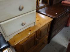 A Stag Minstrel chest, bedside table and pine cupboard