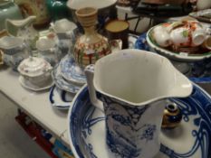 Collection of various china including blue & white wash bowls, crested ware, platters, Wood &