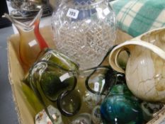 Collection of various coloured studio glass items together with a large heavy cut glass vase,
