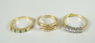 Three various modern 18ct yellow gold rings set with tiny diamonds, 9.8gms total Please note: