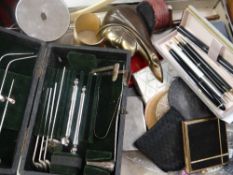 A tray of mixed collectables including compacts, smoking pipe, pens, a cased medical ENT examining