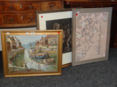 A framed pen and ink botanic drawing signed R J KAY, framed oil entitled 'The Old Creek' by ALVA