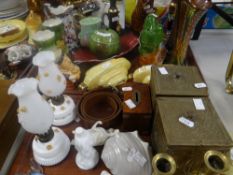 A tray of novelty and other pottery including Sylvac apple saucer jar, two carnival glass vases