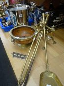 Brass fire irons, plated ice bucket, presentation twin-handle bowl