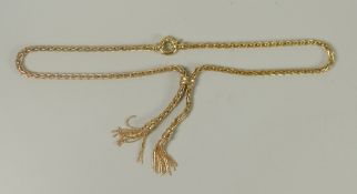 A modern yellow gold rope-twist necklace with tassel pendants, marked 375, 17gms Please note: not