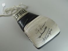 Black and White Everlast mark XV boxing glove individually signed by three former world