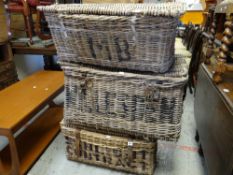 Three vintage wicker laundry baskets