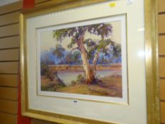 JOHN HINGERTY framed acrylic on card - entitled 'Across the Darling', signed in full, 38 x 50cms