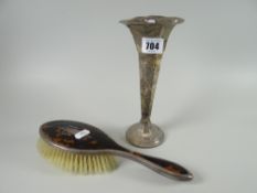 A silver and tortoiseshell backed vintage hairbrush and a silver trumpet vase (loaded) Please