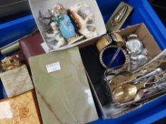 A tray of mixed small collectables including flatware, jewellery ETC