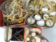 A small red box of beads and mixed jewellery and a green cardboard box of watches, watch parts ETC