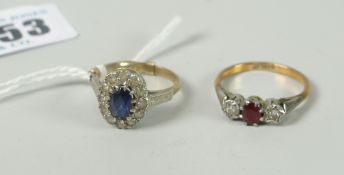 Two diamond rings - one with centre sapphire the other with ruby Please note: not tested, hallmarks,