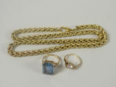 A 9ct yellow gold ring set with white stone together with a rope twist yellow metal necklace with