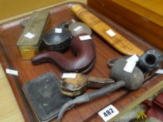 A collection of various cased meerschaum pipes, tin of empire dominoes, a tourist knife