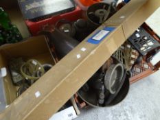 A crate of various metalware, copper kettle, copper jug, brass trivet, cobblers last, brass doorbell