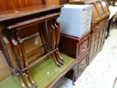 A vintage Priory-style drop down bureau, reproduction two-drawer filing cabinet, nest of tables,
