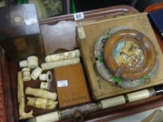 Tray of collectables including a parasol handle, wooden bookends, cigar boxes ETC