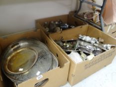 Three boxes of metalware including galleried trays, teaware ETC