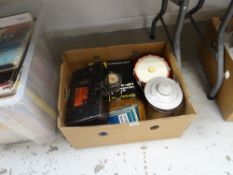 Box of vintage items including regimental drum ice bucket, vintage first aid box ETC