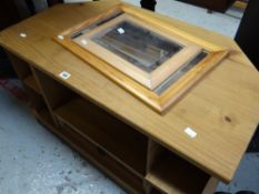 A modern stripped pine audio / TV unit together with two small pine mirrors
