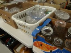 Four boxes of various glassware including storage jars, cake stands ETC