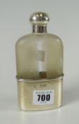 A frosted glass hip flask with silver screw top and silver monogrammed base, marks for London 1896