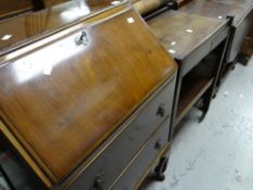 A vintage polished bureau, a tea trolley with drawers and a barley-twist gate leg table