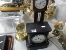 A Victorian slate and marble mantel clock together with a wooden encased grandfather clock miniature