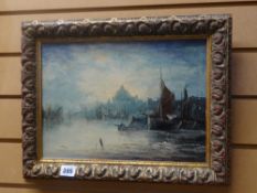 ENGLISH SCHOOl oil on board - impressionist scene, London Thames with boats, unsigned, 24 x 34cms