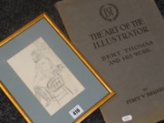 BURT THOMAS pencil drawing - a barber cutting a client's hair, signed with monogram, 18 x 11cms