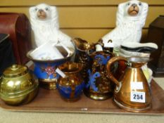Pair of Staffordshire dogs, lustre jugs, copper jug ETC