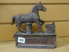 A Victorian cast iron novelty 'Trick Pony' money box, stamped to the base 'June 2nd and July 7th