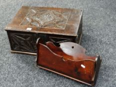 A good antique Welsh oak carved Bible box, 51cms wide x 34cms deep x 22cms high together with an
