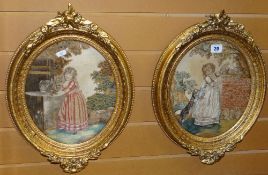 A pair of good nineteenth century oval needlework panels of a young girl feeding her rabbit and a