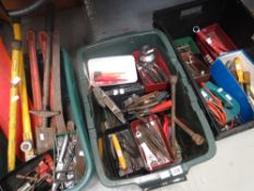 Three tubs of tools, spanners, drill bits ETC
