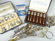 A parcel of mixed silver including two cased sets of silver spoons, various flatware, inkwell, a