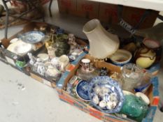 Four crates of mixed china and glass including studio pottery, blue & white china ETC