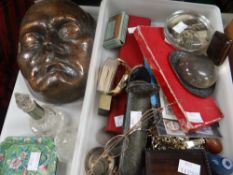 Parcel of collectables including small amount of coinage, costume jewellery, ceramic face mask ETC