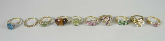Collection of ten various modern 9ct yellow gold set gemstone rings, mainly if not all QVC, 38gms