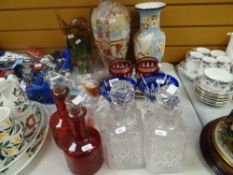 A parcel of mixed glassware, pottery and china including Art Deco-style figurines, a pair of ruby