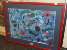 JANEY REES mixed media - abstract entitled 'Tropical Sea', 40 x 58cms