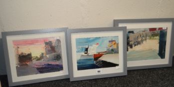 RICHARD O'CONNELL three framed semi-abstract oils on board - coastal scenes, 20 x 29cms, 19 x 14cms,