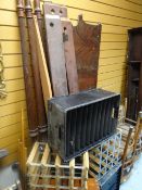 A dark wood and flame mahogany four poster bed frame, clothes airer magazine rack, wine rack ETC