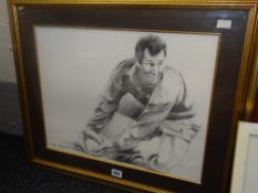 JOHN KENT charcoal on paper - study of former Welsh rugby player and coach Rob Howley, in action