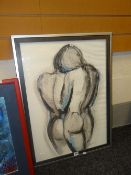 A blue & black ink wash drawing - the rear profile of a naked female, signed H BREINSKYON, 69 x