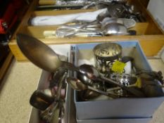 Cutlery tray containing parcel of loose cutlery, white metal bangle ETC