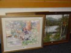 Framed print of a seated female on garden bench, entitled verso 'The Gardener's Corner' by KING,