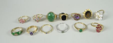 Thirteen various modern 9ct yellow gold rings set with gemstones, some QVC, 51gms Please note: