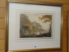 WILLIAM PAYNE (1760-1830) watercolour - two figures on a river bank with ruins beyond, unsigned,